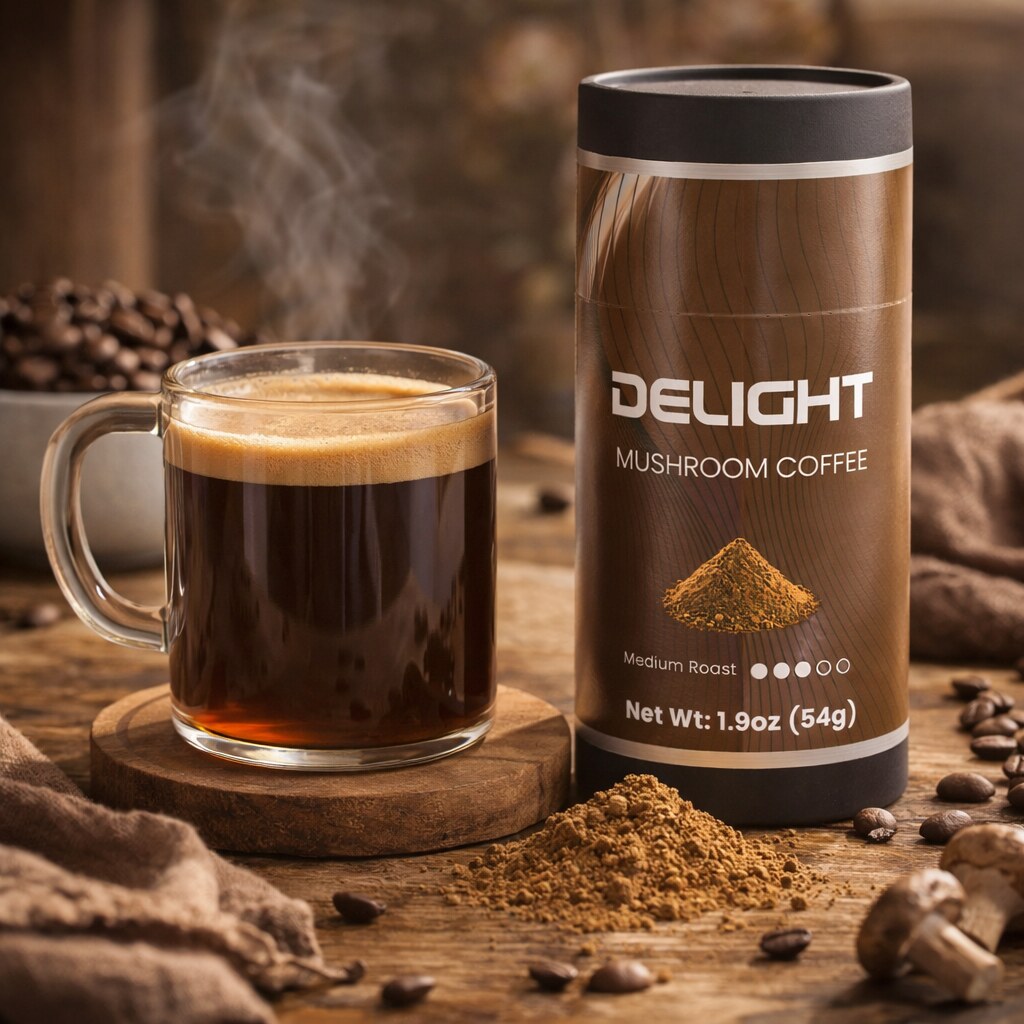 mushroom coffee bundle, chaga mushroom blend, functional coffee offer Delight Mushroom Coffee black chaga blend in the wellness bundle offer