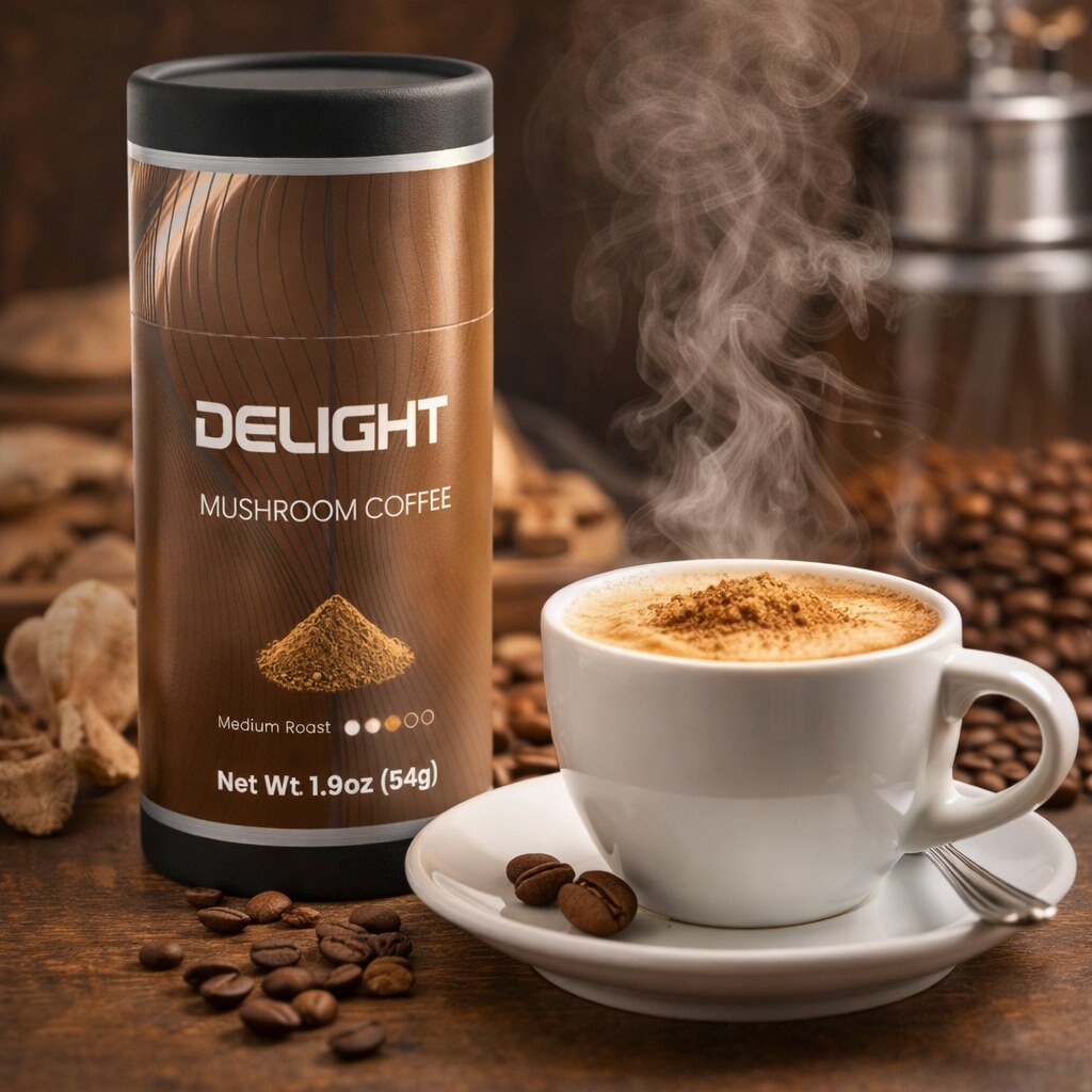 mushroom coffee, lion's mane coffee, chaga coffee, adaptogen coffee, functional beverage Delight Mushroom Coffee cappuccino with Lion's Mane and Chaga mushroom extracts for focus
