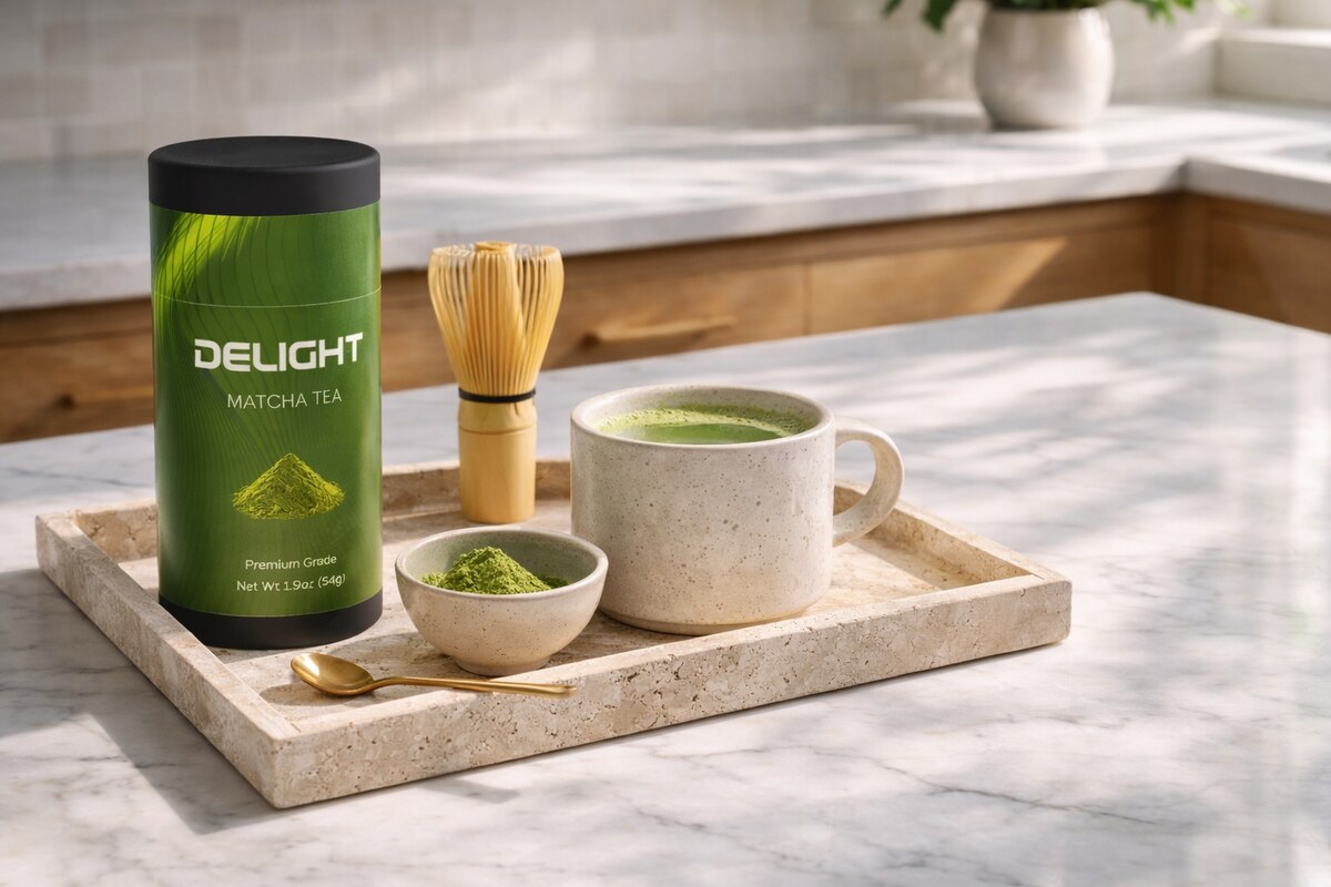 organic matcha tea, mushroom coffee, natural wellness, adaptogen drinks Delight natural wellness products - organic matcha tea and mushroom coffee hero background